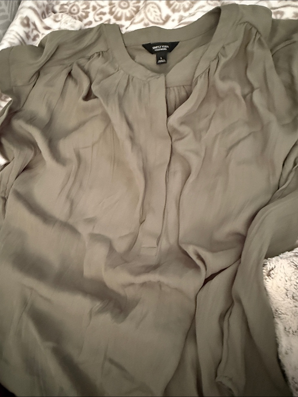 Simply Vera Vera Wang Olive-Tone Split V-Neck Blouse